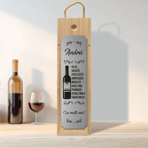 Cutie din lemn gravată pentru sticla de vin, cu capac culisant, Aniversarea vârstei [ #0217]