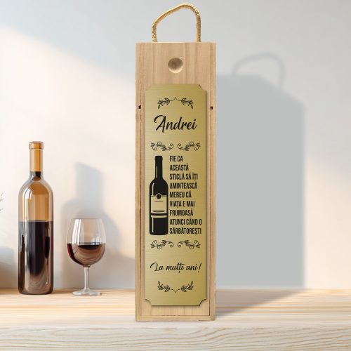 Cutie din lemn gravată pentru sticla de vin, cu capac culisant, Aniversarea vârstei [ #0217]