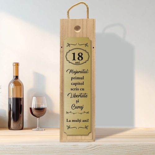 Cutie din lemn gravată pentru sticla de vin, cu capac culisant, Aniversarea vârstei de 18 ani, Majoratul [ #0225 ]