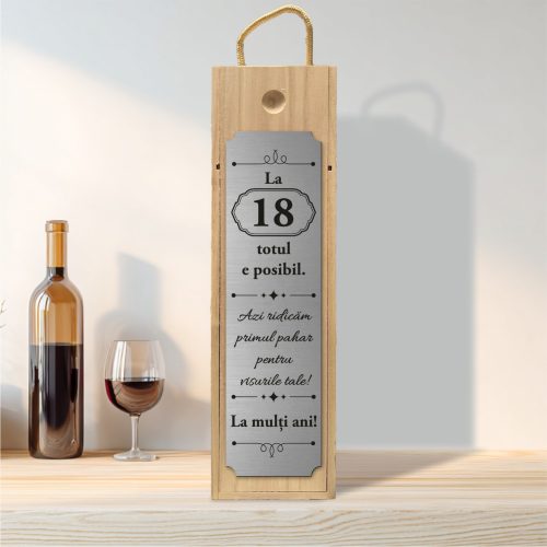 Cutie din lemn gravată pentru sticla de vin, cu capac culisant, Aniversarea vârstei de 18 ani, Majoratul [ #0229 ]