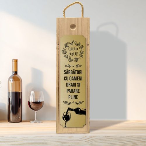 Cutie din lemn gravată pentru sticla de vin, cu capac culisant, Cadou de Crăciun [ #0560 ]