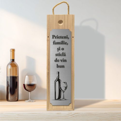Cutie din lemn gravată pentru sticla de vin, cu capac culisant, Cadou de Crăciun [ #0620 ]
