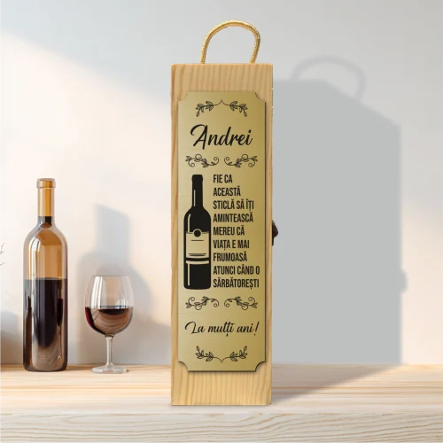 Cutie din lemn gravată pentru sticla de vin, cu închizătoare din metal, Aniversarea vârstei [ #0216]