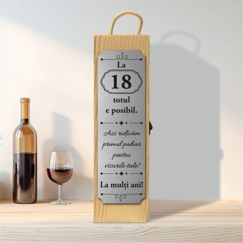 Cutie din lemn gravată pentru sticla de vin, cu închizătoare din metal, Aniversarea vârstei de 18 ani, Majoratul [ #0228 ]