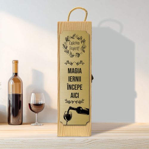 Cutie din lemn gravată pentru sticla de vin, cu închizătoare din metal, Cadou de Crăciun [ #0555 ]