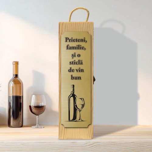 Cutie din lemn gravată pentru sticla de vin, cu închizătoare din metal, Cadou de Crăciun [ #0619 ]