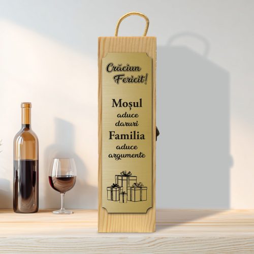 Cutie din lemn gravată pentru sticla de vin, cu închizătoare din metal, Cadou de Crăciun [ #0623 ]